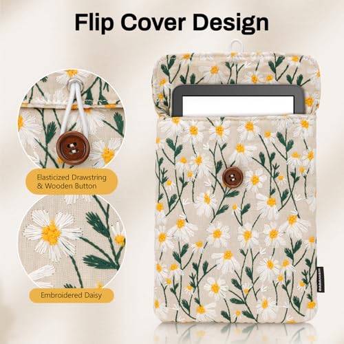 Image of Dadanism 6-7 Inch Embroidered Daisy Floral Padded Sleeve for 7 inch All-New Kindle Paperwhite /Colorsoft Signature Edition, Protective Sleeve Carrying Case for 6 inch Kindle E-Reader /Oasis /Kobo E-Reader, Beige