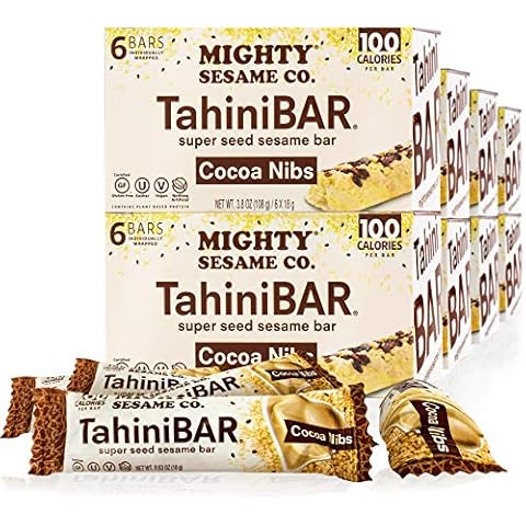 Mighty Sesame TahiniBars with Cocoa Nibs 3.8oz (8 Pack, 48 Bars) 100 Calorie Bar, Gluten Free, Vegan, Nothing Artificial, Kosher Cover