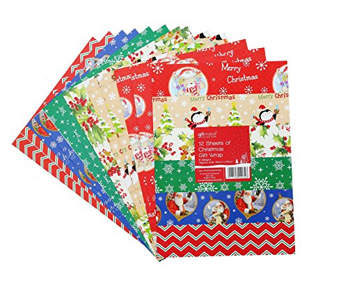 12 Sheets Christmas Wrapping Paper - 50 cm x 50 xm - Assorted