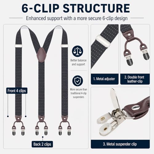 Image of Men's Heavy Duty Y-Back Suspenders, 6 Strong Metal Clips Adjustable Elastic Straps for Work, Tuxedos, and Daily Wear