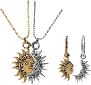 WLL Sun and Moon Matching Necklace for Couple Asymmetric Sun Moon Dangle Hoop Earrings for Women Vintage Couple BFF Pendant Necklace Valentine's Day Jewelry Gifts for Women Men