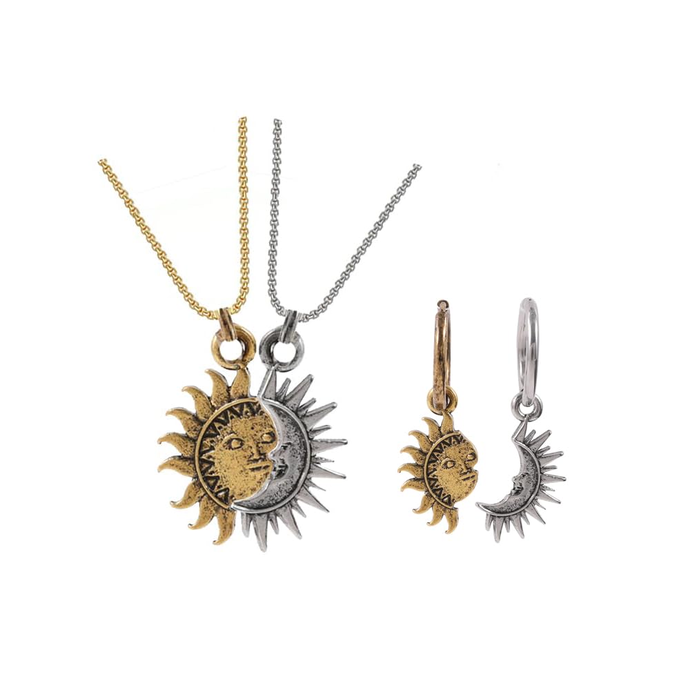 WLL Sun and Moon Matching Necklace for Couple Asymmetric Sun Moon Dangle Hoop Earrings for Women Vintage Couple BFF Pendant Necklace Valentine's Day
