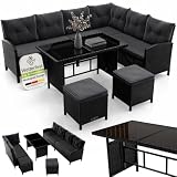 Juskys Polyrattan Lounge Manacor mit Ecksofa, Esstisch, 2 Hocker & Kissen - wetterfest bis 7 Personen - Bezüge waschbar - Rattan Garten Sitzgruppe Gartenlounge Gartenmöbel Set - Schwarz/Grau