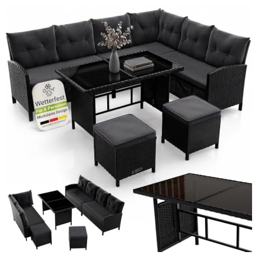 Juskys Polyrattan Lounge Manacor mit Ecksofa, Esstisch, 2 Hocker & Kissen - wetterfest bis 7 Personen - Bezüge waschbar - Rattan Garten Sitzgruppe Gartenlounge Gartenmöbel Set - Schwarz/Grau
