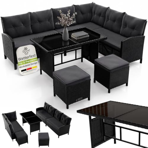 Juskys Polyrattan Lounge Manacor mit Ecksofa, Esstisch, 2 Hocker...