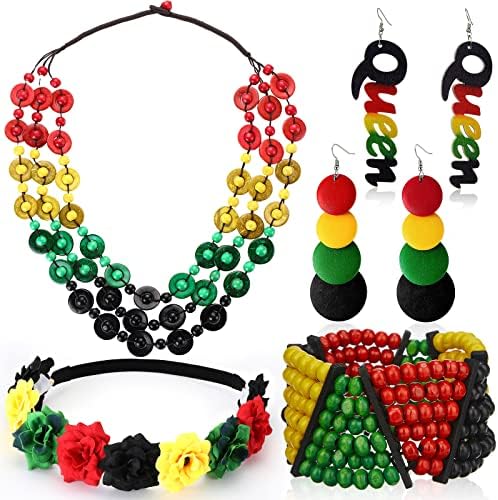 5 Pieces Women’s African Jewelry Jamaican Multicolor Rasta Beaded Bracelet Wood Queen Dangle Earrings Rasta Jewelry Bohemian Coconut Shell Necklace Black Red Green Yellow Floral Flower Crown