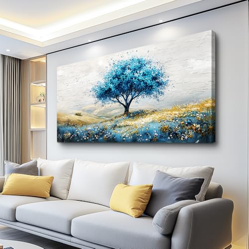 PHAOHUAXM Canvas Wall Art For Living Room Large Wall Decor For Bedroom Blue Tree Landscape Paintings Office Decorations Farmhouse Wall Pictures Artwork Room Home Decoration Ready To Hang 20x40 In