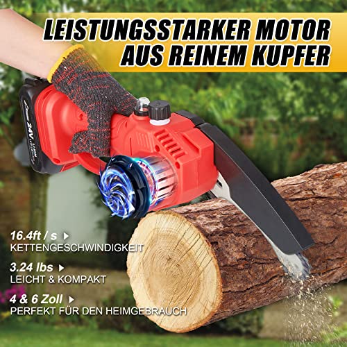 WADEO Mini Kettensäge mit Akku 24V, 6 Zoll und 4 Zoll Kettensäge mit 2 Akku und Automatischem Öler, 2-in-1 Kabelloser Handkettensäge für Gartenscheren Astschere Holzschneiden (2 Batterien, 4 Ketten) – Bild 7