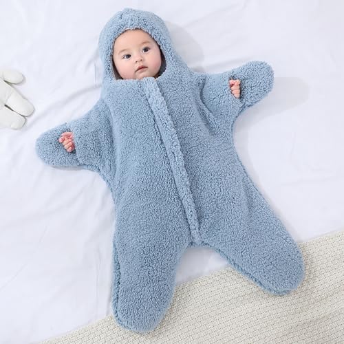 Image of Baby Starfish Onesie, Thick Imitation Fleece Starfish Newborn Romper, Infant Footie Jumpsuit Winter Warm Outfits(Blue,0-2 Months)