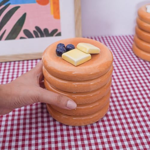 Image of Pancake Stack Ceramic Jar with Lid | Cute Handmade Kitchen Storage Canister | Faux-Food Whimsical Style | Lead-Free Clay