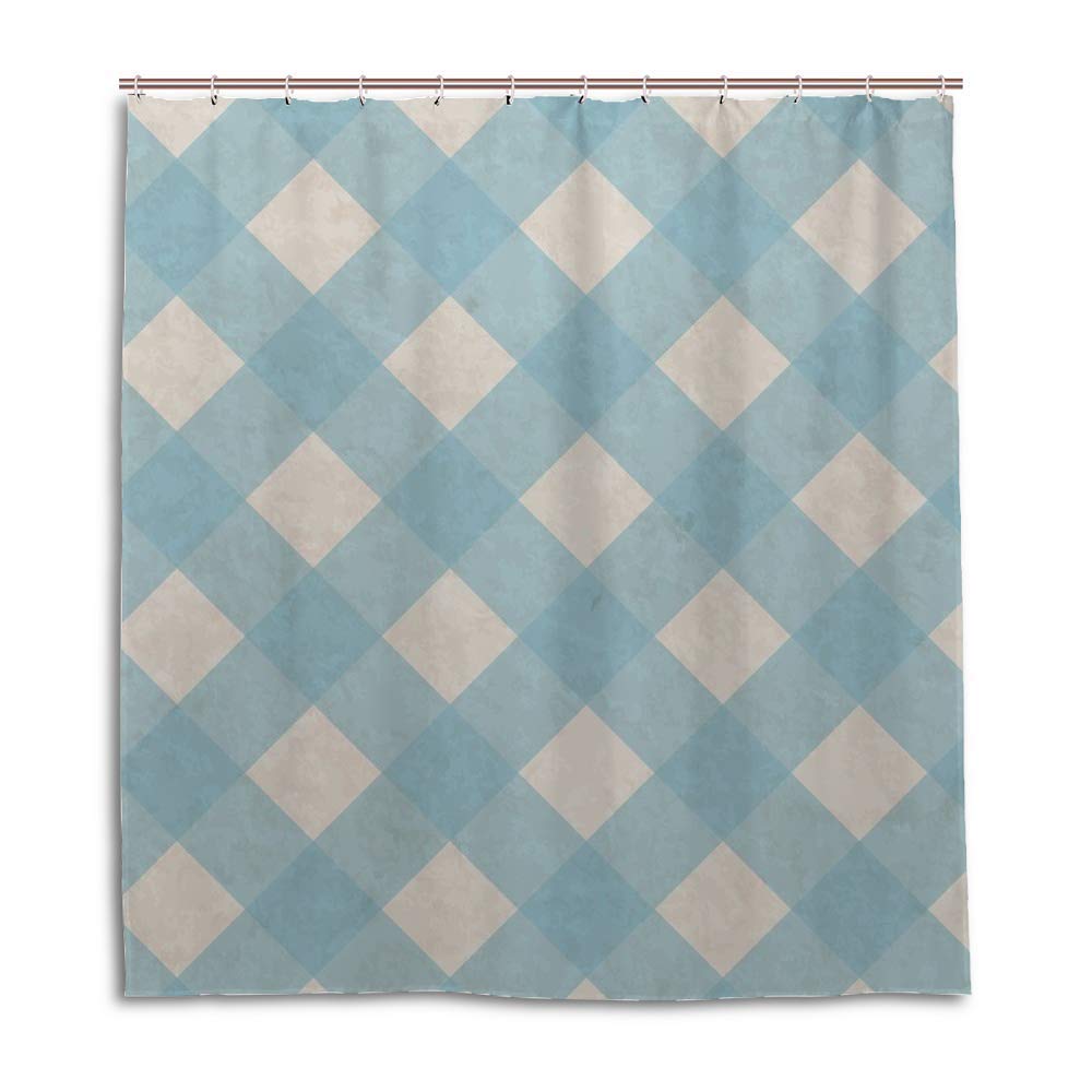 Rideau de douche beige et bleu plaid 168x183 cm avec crochets