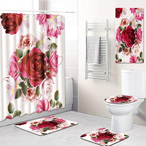 Claean-Acces-Home Toilettendeckelbezug 5 Stück 3D Flower Duschvorhang/Badematte/Wc-Pad Set Charakter Muster Anti-Rutsch-Wc Teppich Flanell Badematte-No-2_50X80Cm(5Pcs)