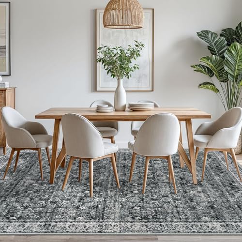 8x10 Area Rug, Vintage Floral Washable Large Moss Charcoal Rug for Living Room Non-Slip Ultra Soft Bedroom Rug Tribal Traditional Farmhouse Carpet for Dining Room Office Home Décor