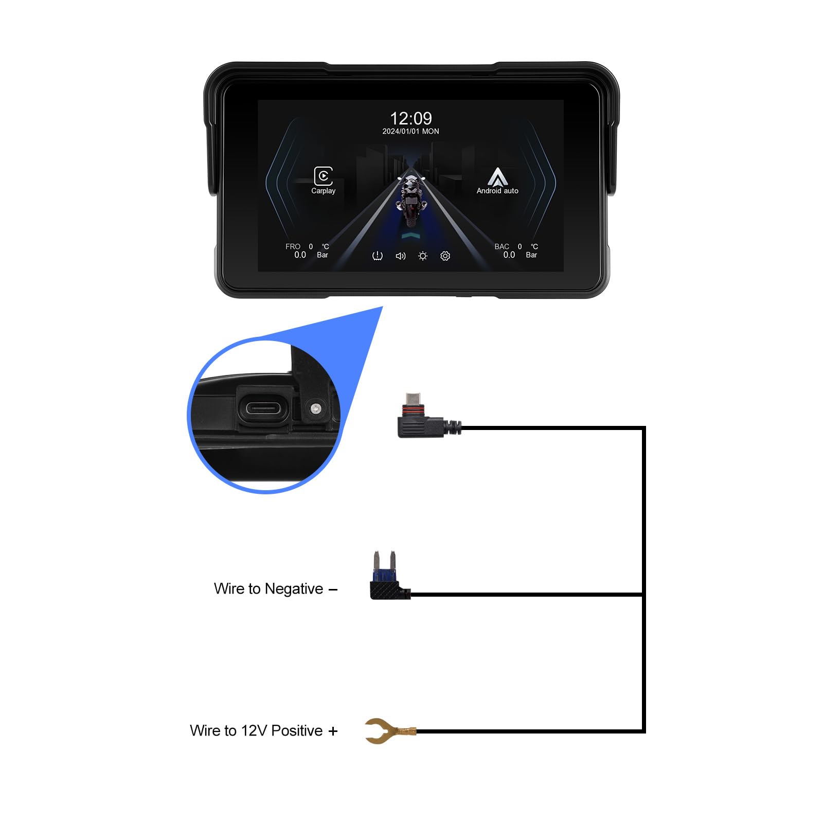 OiLiehu Motorrad GPS Wireless Portable CarPlay und Android Auto, 5 Zoll wasserdichtes Motorrad-Display mit Helligkeitseinstellung, Reifendruckerkennung, abnehmbarer Ständer, Plug and Play