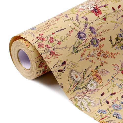 Tyzarglef Wild Flower Wrapping Paper Roll, 17 Inches x 32.8 Feet Kraft Floral Design Wrapping Paper for Women Girls Gifts, Birthdays, Weddings, Bridal Shower and Engagement
