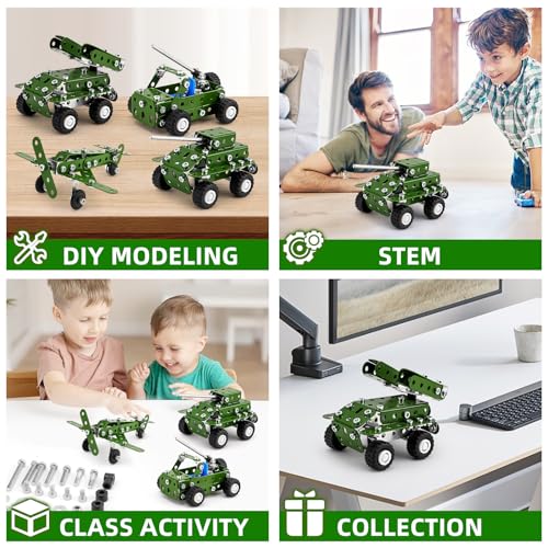 BESTYMXY Model Building Kits, Metal Military Toys Model Kit, 4 in1 Erector Sets for Boys Age 8-12, Military Vehicles & Aircraft STEM Building Toys Metal Model