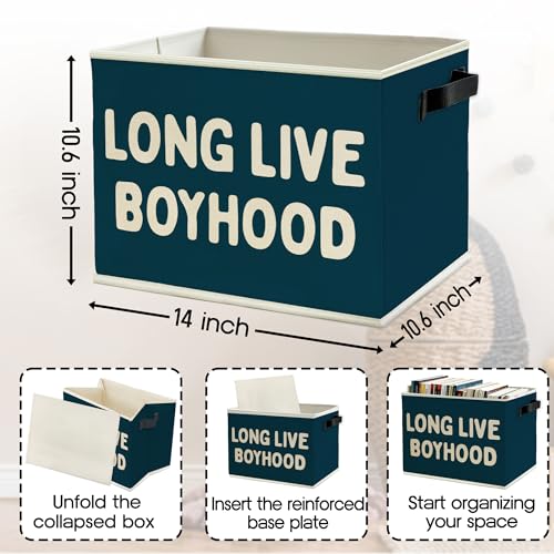 Image of Long Live Boyhood Boys Storage Bins Box with Handles, Blue Pattern Collapsible Basket Organizer for Kids Teen Boy Nursery Room Bedroom Bathroom Playroom Books Clothes