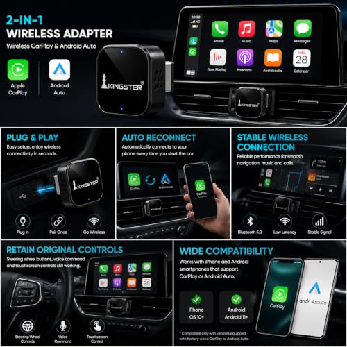 Image of KINGSTER 2-in-1 Wireless CarPlay Adapter & Android Auto Adapter | Convert Wired to Wireless | Bluetooth 5.0 + WiFi | Plug & Play | Fast Auto Reconnect (AutoLink Pro)