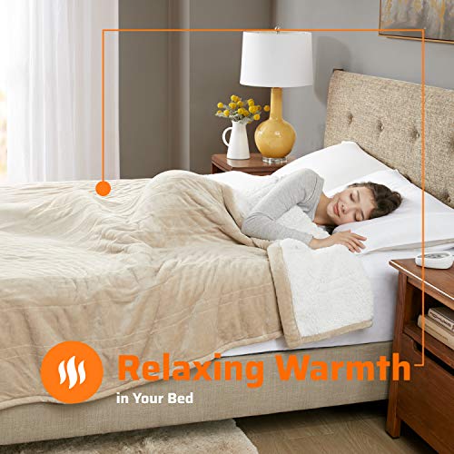 Soft Sherpa Heated Electric Blanket Twin Size, | Controller With 1-10 Hour Auto Shut Off | 20 Heat Settings | Washable, 62" X 84" Beige #TOP2