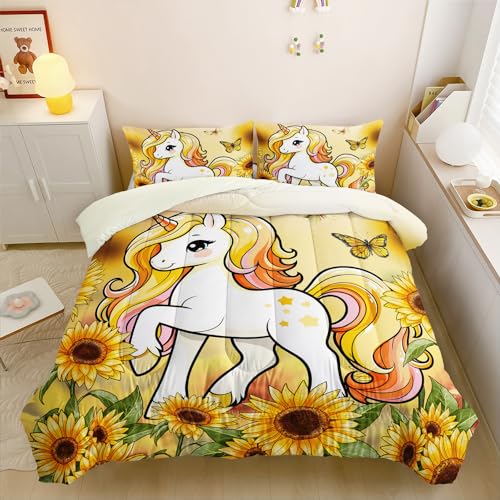 QOOMO Juego de ropa de cama matrimonial de unicornio para niños, juego de edredón de girasol, mariposa 3D, decoración de dormitorio, 3 piezas, lindo juego de ropa de cama de unicornio para