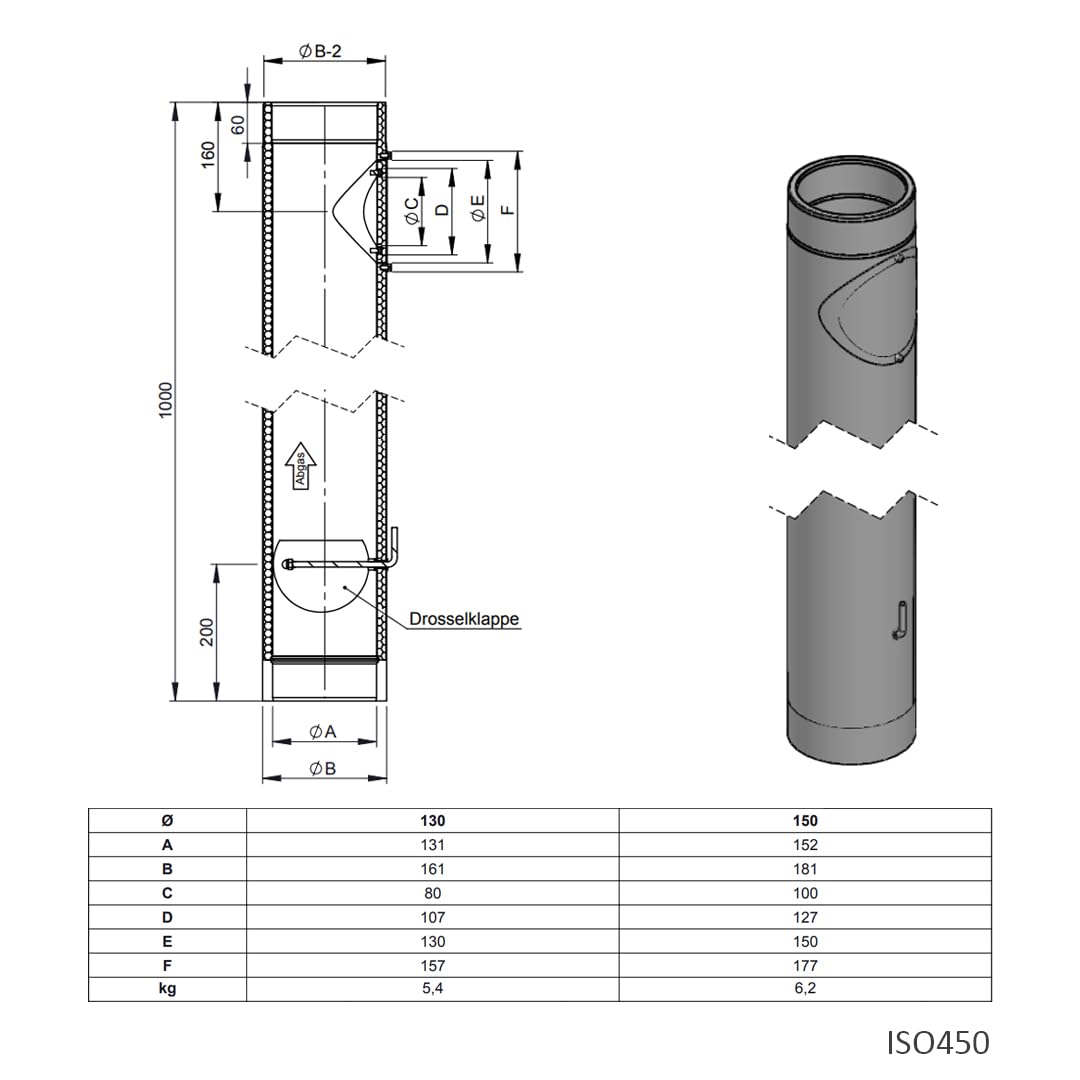 Ofenrohr doppelwandig Ø 150 mm ISO-Line Längenelement 750 mm - Edelstahl gebürstet