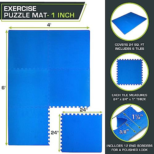 Image of ProsourceFit Weaved Pattern Extra Thick Exercise Puzzle Mat 1-inch, EVA Foam Interlocking Tiles for Protective, Cushioned Flooring for Home and Gym Equipment; Blue, 24 SQ FT, 6 Tiles