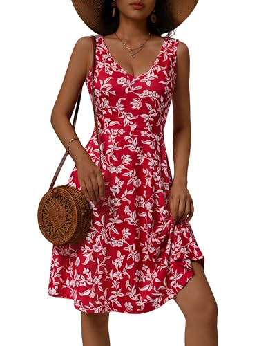 Image of HUHOT Womens Sleeveless V Neck Dress with Pocket Summer Beach Midi Flared Tank Dress