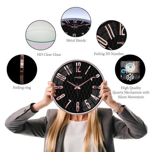 Image of RANDOM Sweep Silent Wall Clock, Non-Ticking Quartz Movement with 3D Foiling Numbers. (Black and Rose Gold)