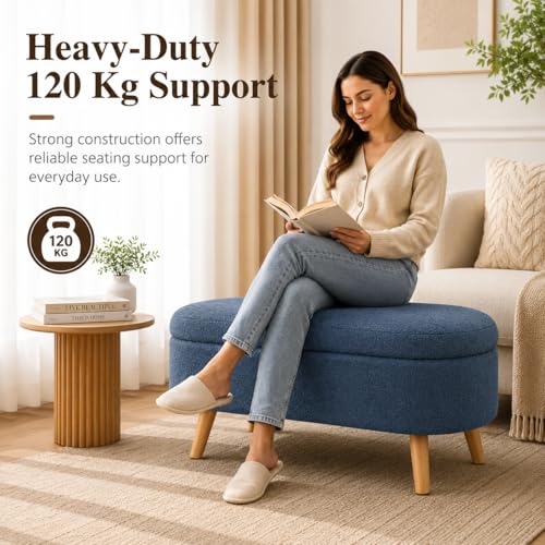 Image of Upholstered Ottoman Storage Bench, Premium Boucle Fabric, Heavy Duty 120 Kg Load Capacity, Multipurpose Seating for Living Room & Bedroom, Dusty Blue