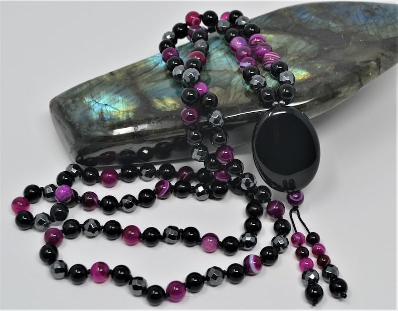 Naturalny onyks, agat, hematyt, 8 mm-7 x 3 mm, 108 koralików mala, duchowe, koraliki medytacyjne, Reiki, Japa Mala, buddyjskie koraliki modlitewne, bransoletka do jogi, koraliki lecznicze