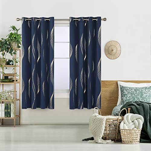 Deconovo Thermal Insulated Blackout Eyelet Curtains 66x72 Inch Gold Wave Foil Printed for Bedroom, Navy Blue - Set of 2 Panels - Image 2