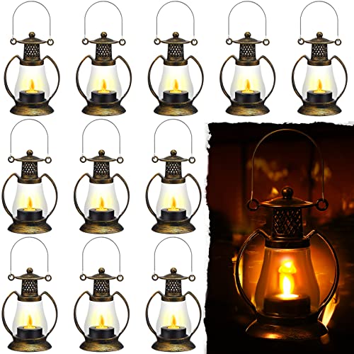 12 Stück Mini-Laternen mit LED-Kerze Mini-Laternen Dekorativ für Halloween Hochzeit Laterne Tafelaufsatz Tische rustikale Laternen Dekorationen Weihnachtsfeier (Bronze) Cover