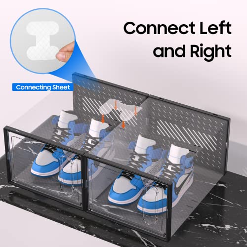 Ewonlife Large Shoe Storage Box With Magnetic Door, 12 Pack Clear Plastic Stackable Sneaker Organizer For Closet, Connect Left And Right Shoe Containers Bins For Entryway, Drop Front, Under Bed, Black #TOP4