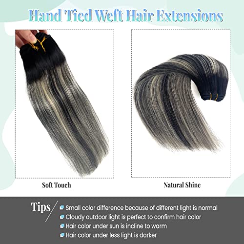 Image of Sew in Weft Hair Extensions Human Hair, Ombre Black to Blonde Highlights Hair Extensions Real Human Hair Bundles 12 Inch 80G Hand Tied Weft Hair Extension Human Hair Sew in Weave Wefts Extensions