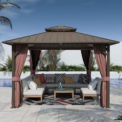 Yardsight 12'x12' Hardtop Gazebo, Outdoor Aluminum Frame Galvanized Steel Double Roof Pavilion with Netting and Shaded Curtains, Permanent Metal Pergolas for Patio, Backyard, Deck and Lawns.