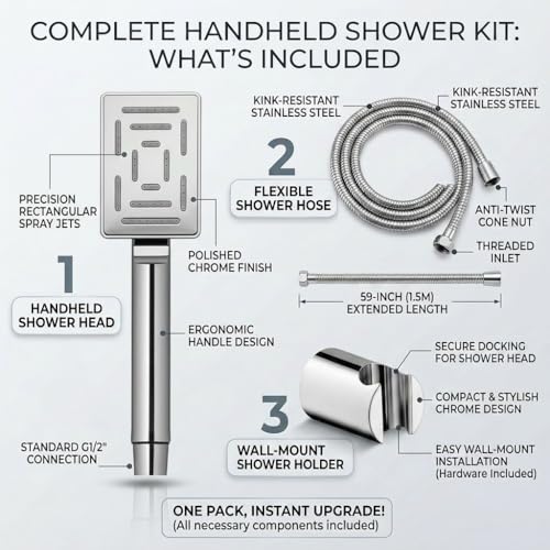 Image of Marcoware ABS Maze Rectangular Design Bathroom Hand Shower set with 1.5 Meter Ultra Flexible Hose & Wall Mount Hook, Chrome, Polished Finish