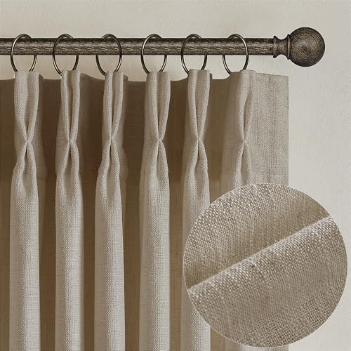Image of Textured Linen Burlap Curtains 84 Inches Long 2 Panels Neutral Country Tan Greige Flax Ceiling Floor Pinch Pleated Curtains Hooks Track Light Filtering Privacy Drape for Living Room Ofiice Grey Beige
