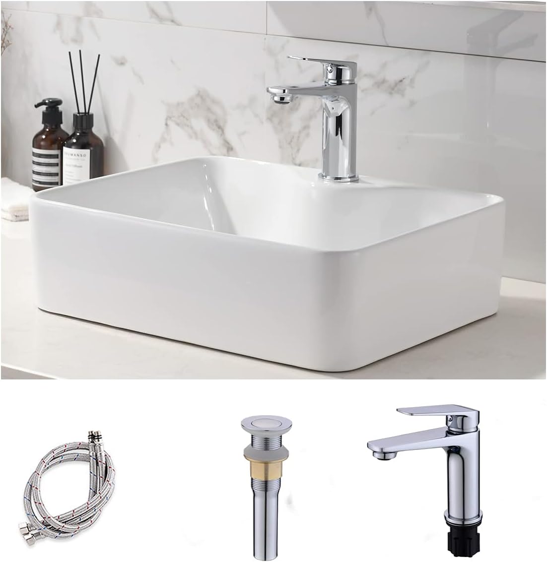 16 Inch White Vessel Sink with Faucet- HLBLFY 16x12 Vessel Sink For Bathroom Rectangle Above Counter Porcelain Ceramic Hand Wash Bathroom Vanity Sink Tops Art Basin