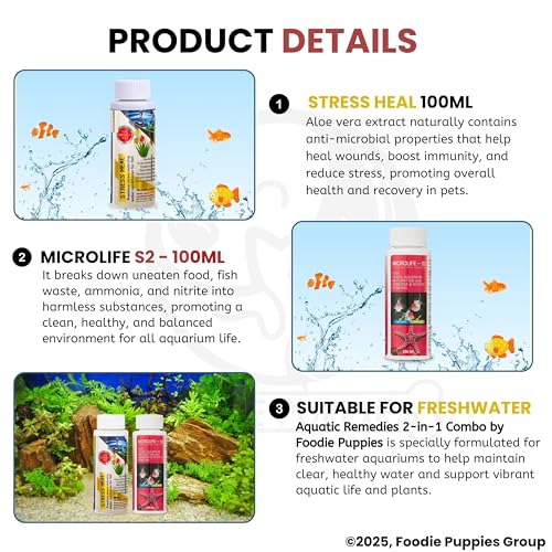 Image of Foodie Puppies Aquatic Remedies 2-in-1 Aquarium Medicine Combo - (Microlife S2 + Stress Heal, 100ml Each) | Anti-Bacterial Effective Fish Skin Treatment for Fresh Water