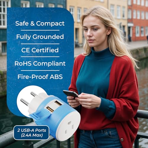 Image of OREI Denmark Travel Plug Adapter - Dual USB - Surge Protection - Type K