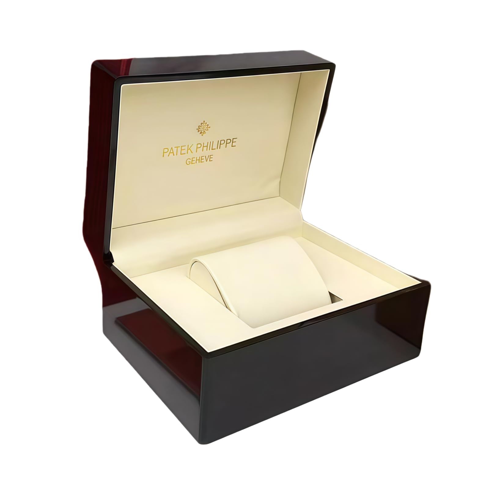 Caja Reloj Madera Caoba Oscura Lacado Piano Alto Brillo Interior Cuero Crema Estuche Almacenamiento Lujo para Patek Philippe