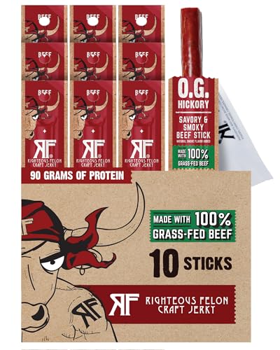 Righteous Felon O.G. Hickory Meat Sticks, 100% Grass Fed Beef, 10 Count