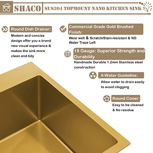 Image of Gold 15 x 20 Inch Drop In Bar Sink, 16 Gauge Stainless Steel Topmount Small Kitchen Single Basin Sink for Wet Prep RV Laundry with Dish Grid & Drain, 15x20 Top Mount