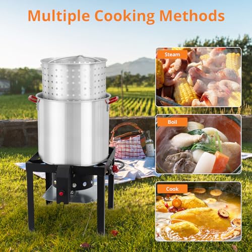 Outdoor Fryer, 100 Qt Seafood Boil Pot with Basket & Burner, Fish Fryer Boiler Steamer Set, Aluminum Propane Seafood Boiler with 10 PSI Regulator, 110,000 Btu, Crab Crawfish Boiler