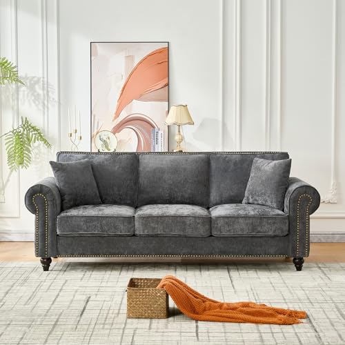 Image of KEIKI 87 inch Oversized Chenille Sofa with Rolled Arms and Nailhead Trim, Upholstered Modern Style 3-Seater Couch with High-Density Foam Cushions, Easy Assembly, for Apartment, Living Room, Grey