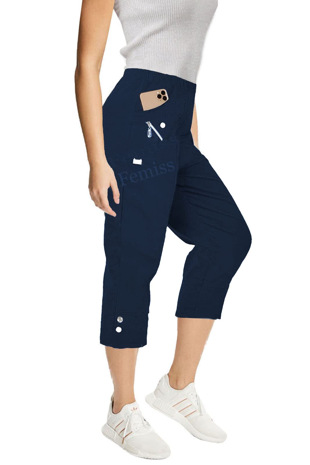 femiss Pantacourt 3/4 pour femme avec élastique, pantalon court doux d'été, grande taille
