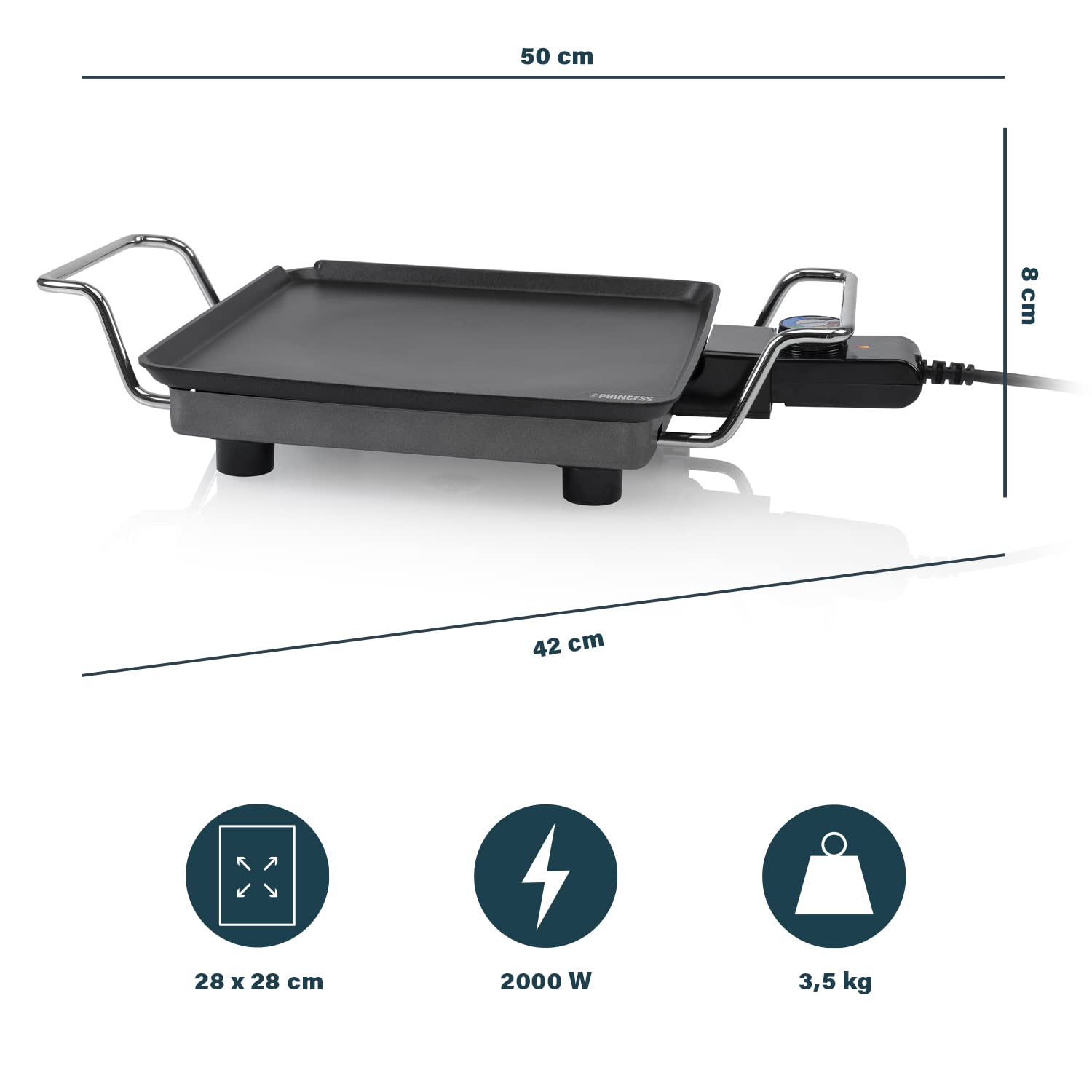 Plancha Princess Chef Mini Classic noire - fonte d'aluminium - 4 personnes - 28 x 28 cm - 1 900 W