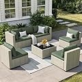 VONZOY Patio Furniture Set, 7-Piece Outdoor Sectional All-Weather Wicker Patio Conversation Set for Backyard (Green Cushions with Grey Rattan)