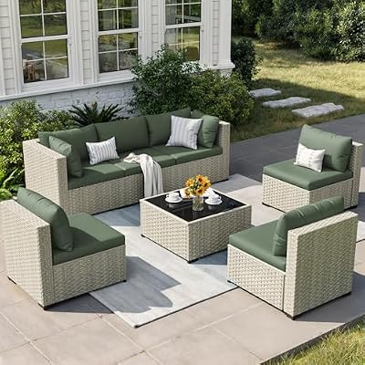 VONZOY Patio Furniture Set, 7-Piece Outdoor Sectional All-Weather Wicker Patio Conversation Set for Backyard (Green Cushions with Grey Rattan)