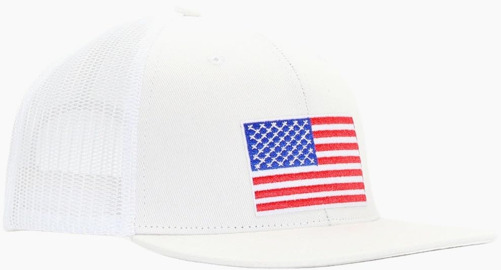 Image of Men Flat Bill USA Flag Mesh Hat Fits OSFM&XXL Head | Snapback Trucker Cap | 250th US Anniversary Veterans Memorial Day Gifts